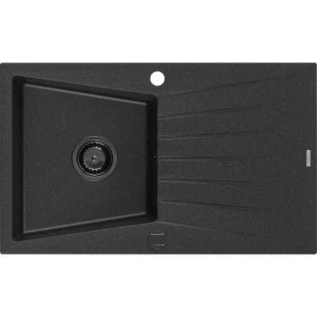 Mexen Cesar Granitspüle 1-beckig mit Abtropffläche 775 x 470 mm, schwarz/silberner Metallic, schwarzer Siphon