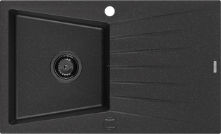 Mexen Cesar lava-louças de granito de 1 bacia com escorredor 775 x 470 mm, preto/prateado metálico, sifão preto