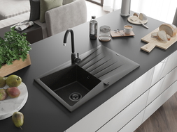 Mexen Cesar évier en granit 1 bac avec égouttoir 775 x 470 mm, noir/doré métallisé, siphon noir - 6514771010-75-B