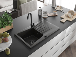 Mexen Cesar granite kitchen sink 1-bowl with drainer 775 x 470 mm, black/gold metallic, black siphon - 6514771010-75-B