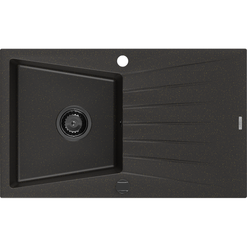 Mexen Cesar fregadero de granito de 1 tazón con escurridor 775 x 470 mm, negro/dorado metálico, sifón negro - 6514771010-75-B