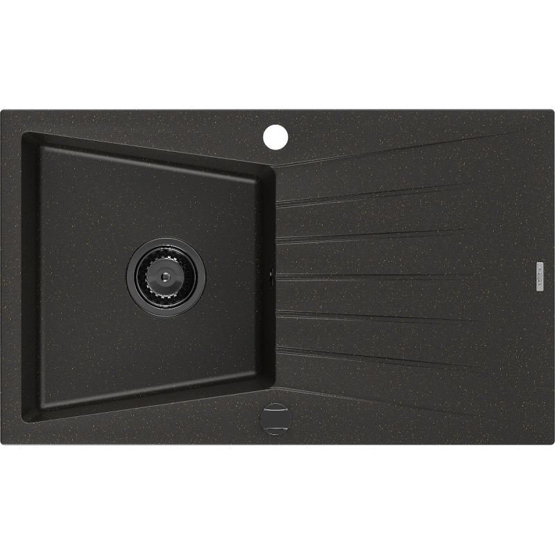 Mexen Cesar lava-louça de granito de 1 cuba com escorredor 775 x 470 mm, preto/dourado metálico, sifão preto