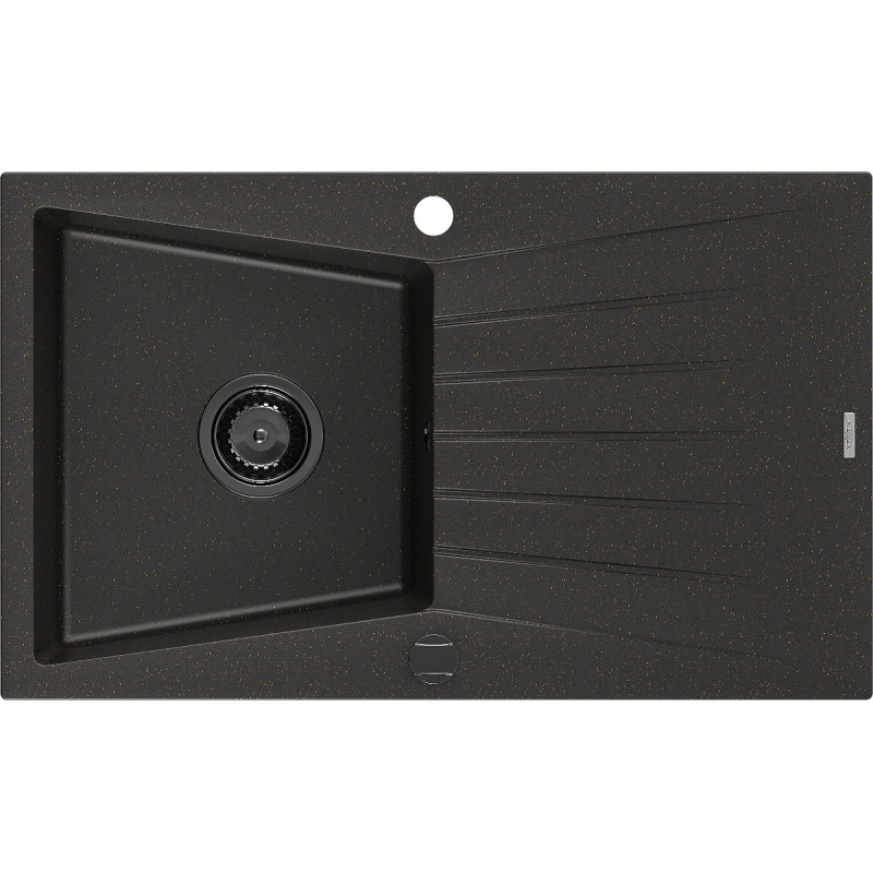 Mexen Cesar lavello in granito a 1 vasca con scolapiatti 775 x 470 mm, nero/oro metallico, sifone nero - 6514771010-75-B