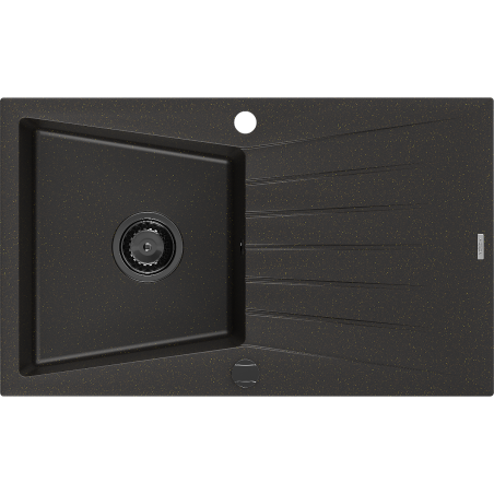 Mexen Cesar évier en granit 1 bac avec égouttoir 775 x 470 mm, noir/doré métallisé, siphon noir - 6514771010-75-B