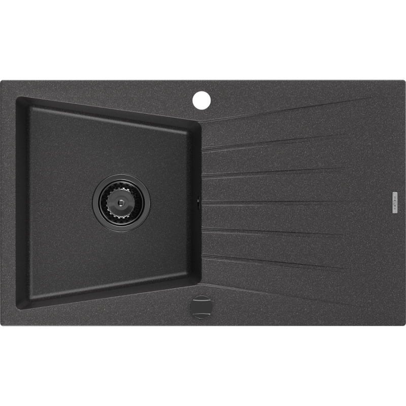 Mexen Cesar évier en granit 1 bac avec égouttoir 775 x 470 mm, noir moucheté, siphon noir - 6514771010-76-B