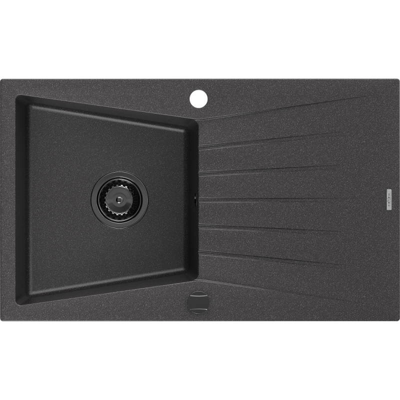 Mexen Cesar Granitspüle 1-beckig mit Abtropffläche 775 x 470 mm, schwarz gesprenkelt, schwarzer Siphon - 6514771010-76-B