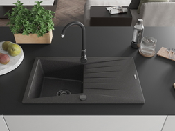 Mexen Cesar 1-bowl Granite Sink with Drainer 775 x 470 mm, Black Speckled, Black Siphon - 6514771010-76-B