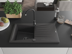 Mexen Cesar Granit-Spullsteen mat enger Kummer an Oflou 775 x 470 mm, schwaarz gespréichelt, schwaarz Siphon - 6514771010-76-B