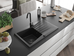 Mexen Cesar évier en granit 1 bac avec égouttoir 775 x 470 mm, noir, siphon noir - 6514771010-77-B