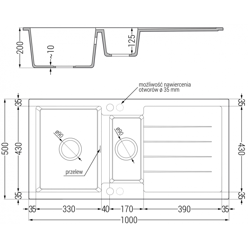 Mexen Andres granitvask 1,5-fack med avrinning 1000 x 500 mm, vit, svart sifon - 6515101510-20-B