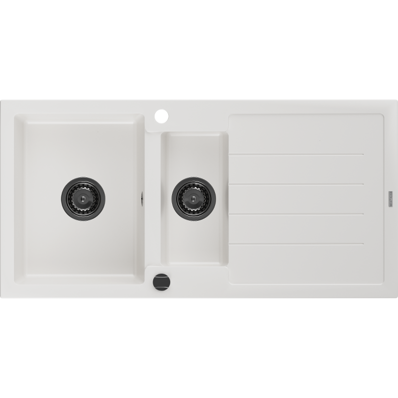 Mexen Andres granieten spoelbak 1,5-kamer met afdruiprek 1000 x 500 mm, wit, zwarte sifon - 6515101510-20-B