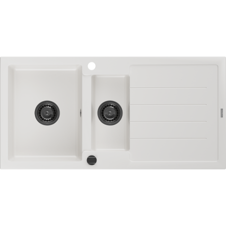 Mexen Andres granieten spoelbak 1,5-kamer met afdruiprek 1000 x 500 mm, wit, zwarte sifon - 6515101510-20-B