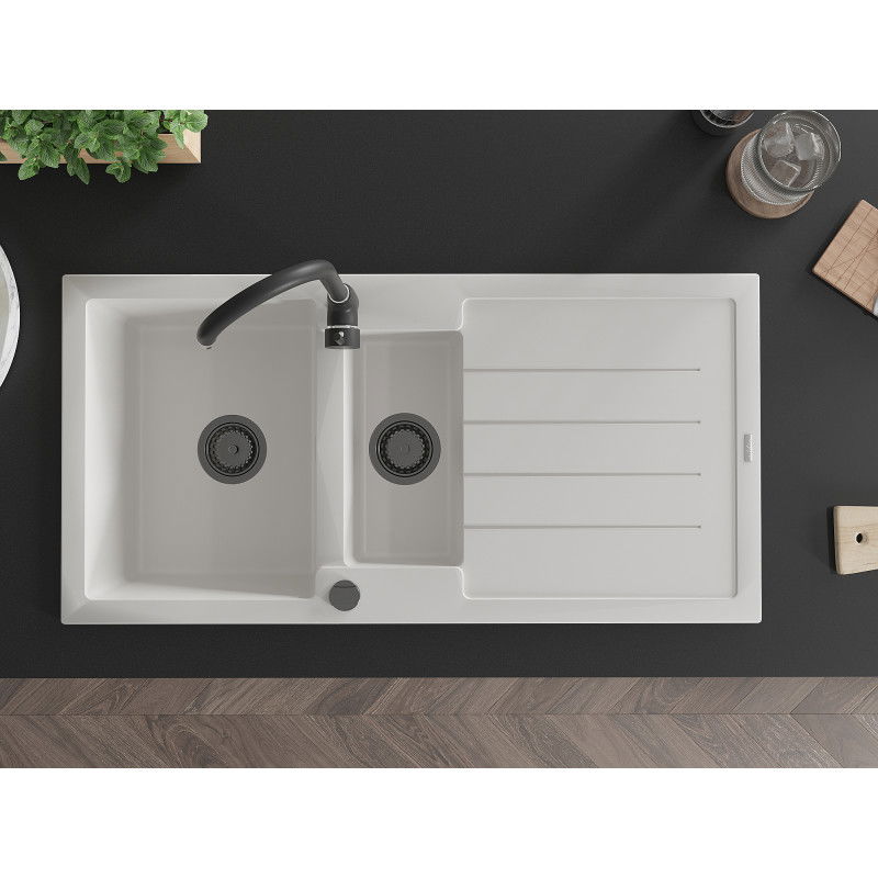 Mexen Andres granieten spoelbak 1,5-kamer met afdruiprek 1000 x 500 mm, wit, zwarte sifon - 6515101510-20-B
