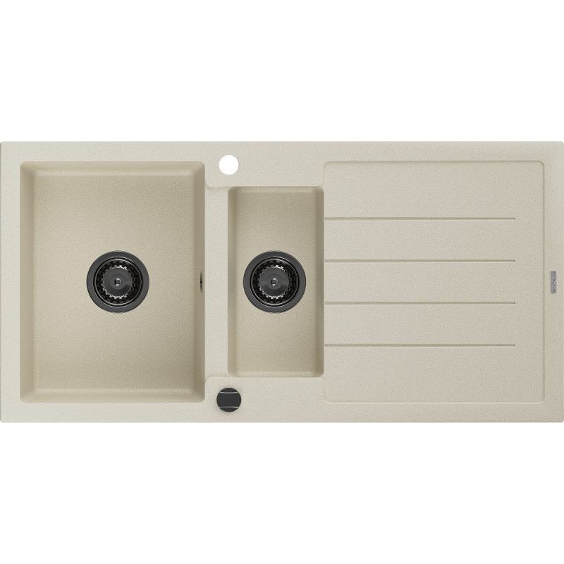Mexen Andres granit gootsteen 1,5-comparte met druiprek 1000 x 500 mm, beige, zwarte sifon - 6515101510-69-B
