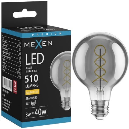 Mexen Vintis LED spirāles filamenta spuldze E27, G80, 8W, Silta gaisma - 2700K, 510 lm, dūmu krāsas - L165-E27-0827-70