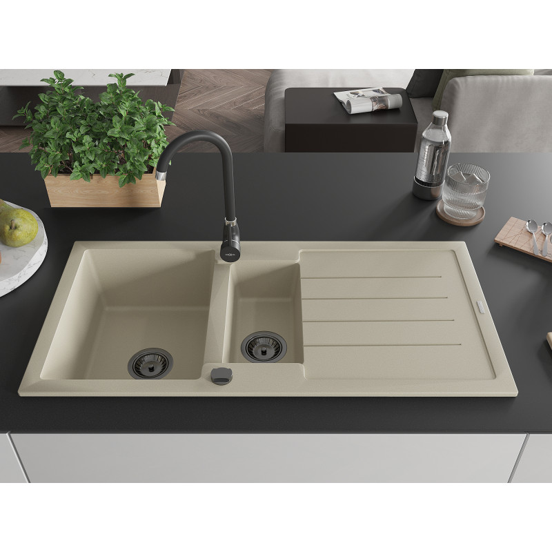 Mexen Andres granit gootsteen 1,5-comparte met druiprek 1000 x 500 mm, beige, zwarte sifon - 6515101510-69-B