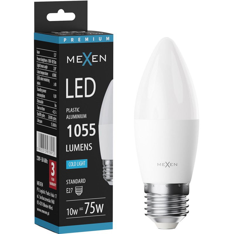 Mexen Nova Λάμπα LED E27, C37, 10W, Ψυχρή - 6500K, 1055 lm - L102-E27-1065-01