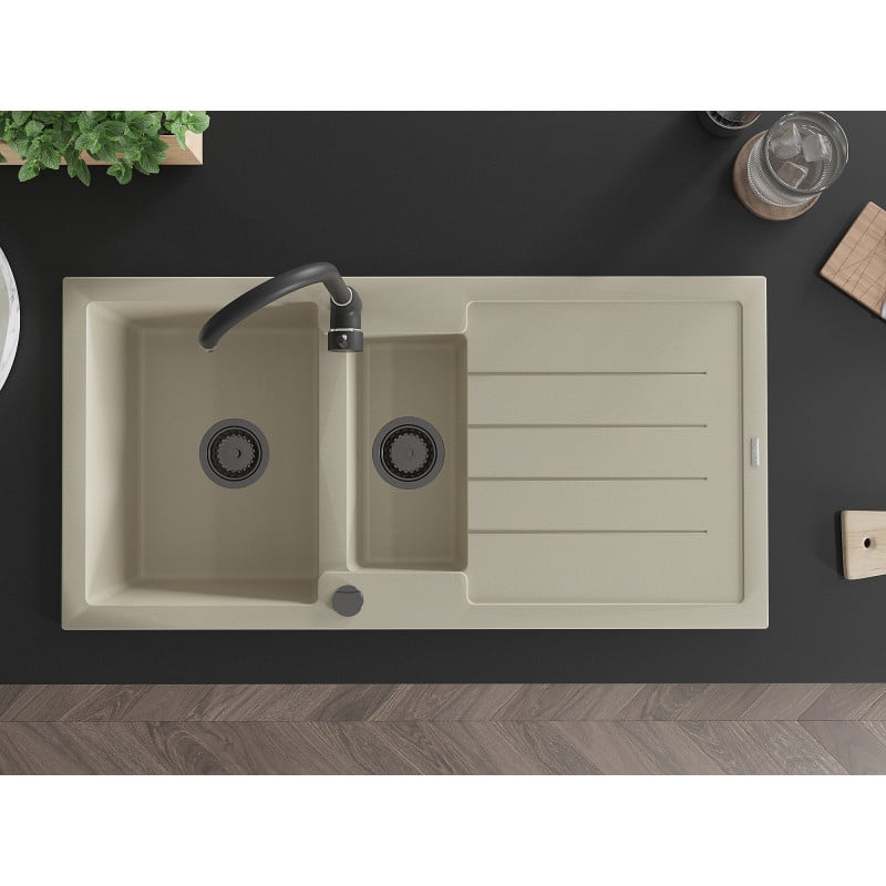 Mexen Andres 1,5-kommer granieten gootsteen met afdruiprek 1000 x 500 mm, beige, zwarte sifon - 6515101510-69-B