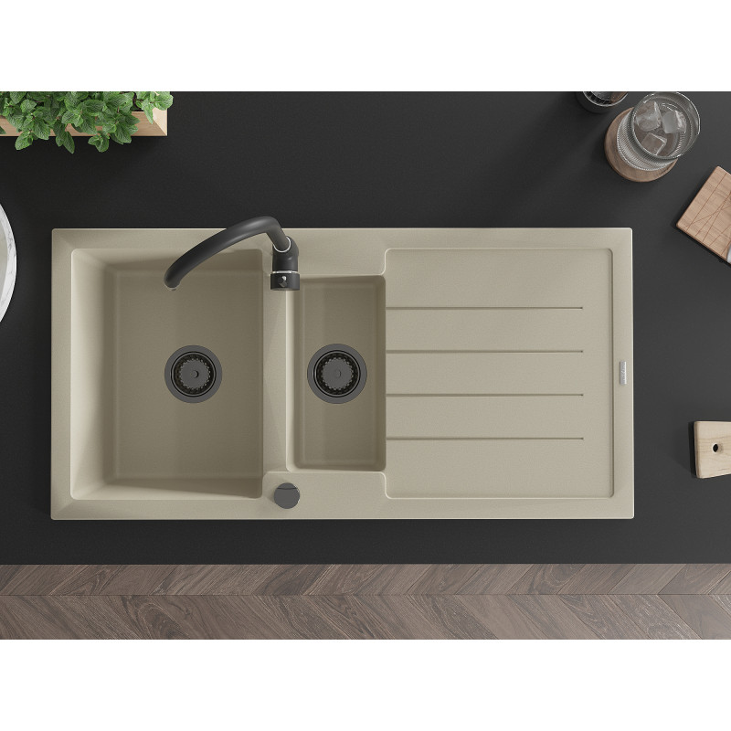 Mexen Andres granit gootsteen 1,5-comparte met druiprek 1000 x 500 mm, beige, zwarte sifon - 6515101510-69-B