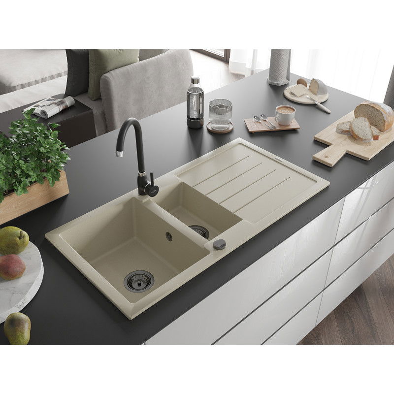 Mexen Andres granitno pomivalno korito 1,5-komorno z odcejalnikom 1000 x 500 mm, bež, črn sifon - 6515101510-69-B