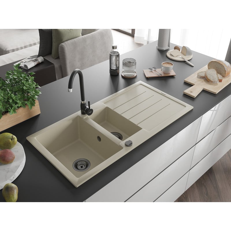 Mexen Andres lava-louça de granito de 1,5 câmara com escorredor 1000 x 500 mm, bege, sifão preto - 6515101510-69-B