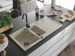 Mexen Andres évier en granit 1,5 bac avec égouttoir 1000 x 500 mm, beige, siphon noir - 6515101510-69-B