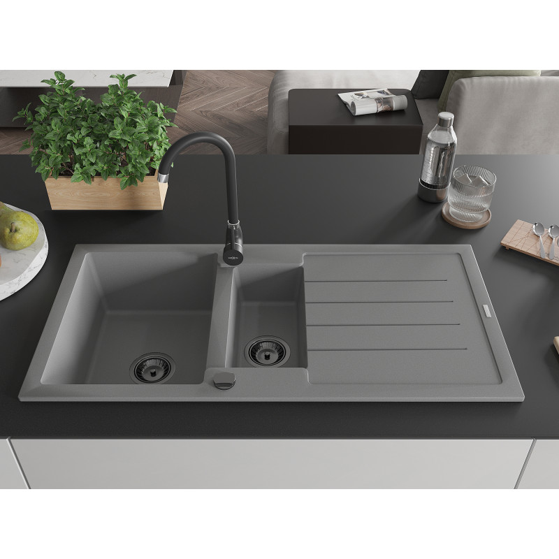 Mexen Andres granitische spoelbak met 1,5 bak met afdruiprek 1000 x 500 mm, grijs, zwarte sifon - 6515101510-71-B