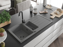 Mexen Andres évier en granit 1,5 bac avec égouttoir 1000 x 500 mm, gris, siphon noir - 6515101510-71-B