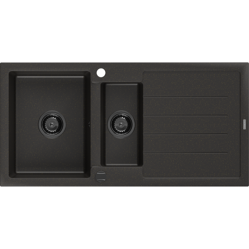 Mexen Andres lava-loiça de granito de 1,5 bacias com escorredor 1000 x 500 mm preto/dourado metálico, sifão preto
