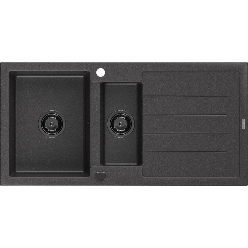 Mexen Andres granitische spoelbak 1,5-kamer met afdruipgedeelte 1000 x 500 mm zwart gespikkeld, zwarte sifon - 6515101510-76-B