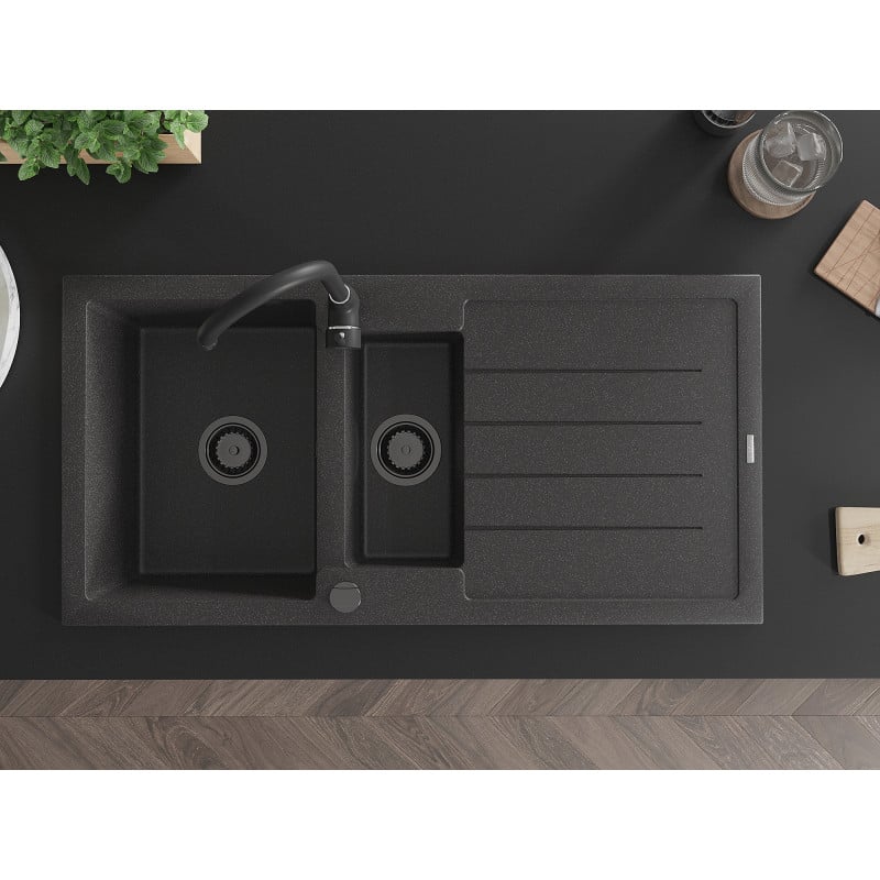 Mexen Andres fregadero de granito 1,5 compartimentos con escurridor 1000 x 500 mm negro moteado, sifón negro - 6515101510-76-B