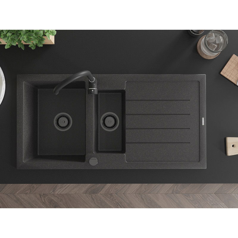 Mexen Andres lavello in granito 1,5 vasche con sgocciolatoio 1000 x 500 mm nero spruzzato, sifone nero - 6515101510-76-B