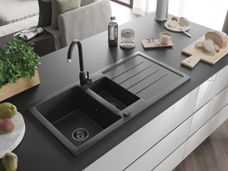 Mexen Andres Granitspüle 1,5-beckig mit Abtropffläche 1000 x 500 mm schwarz gesprenkelt, Siphon schwarz - 6515101510-76-B