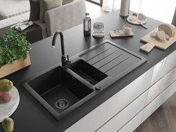 Mexen Andres évier en granit 1,5 cuve avec égouttoir 1000 x 500 mm noir, siphon noir - 6515101510-77-B