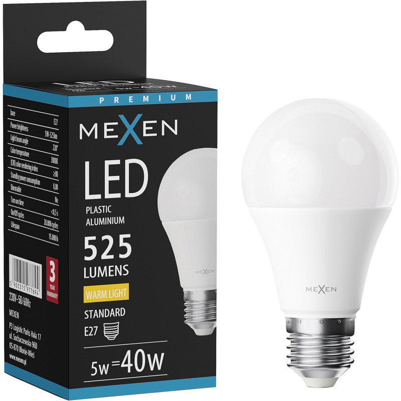 Mexen Nova LED-lampa E27, A60, 5W, Varm - 3000K, 525 lm - L100-E27-0530-01