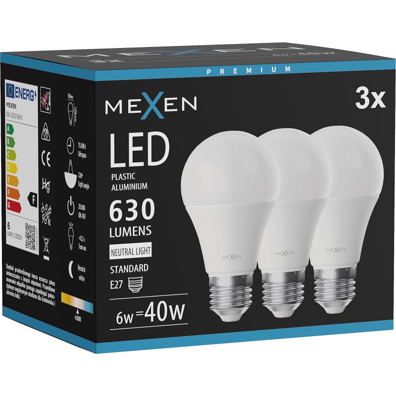 Mexen Nova 3x Bombilla LED E27, A60, 6W, Neutra - 4000K, 630 lm - L100-E27-0640-01x03