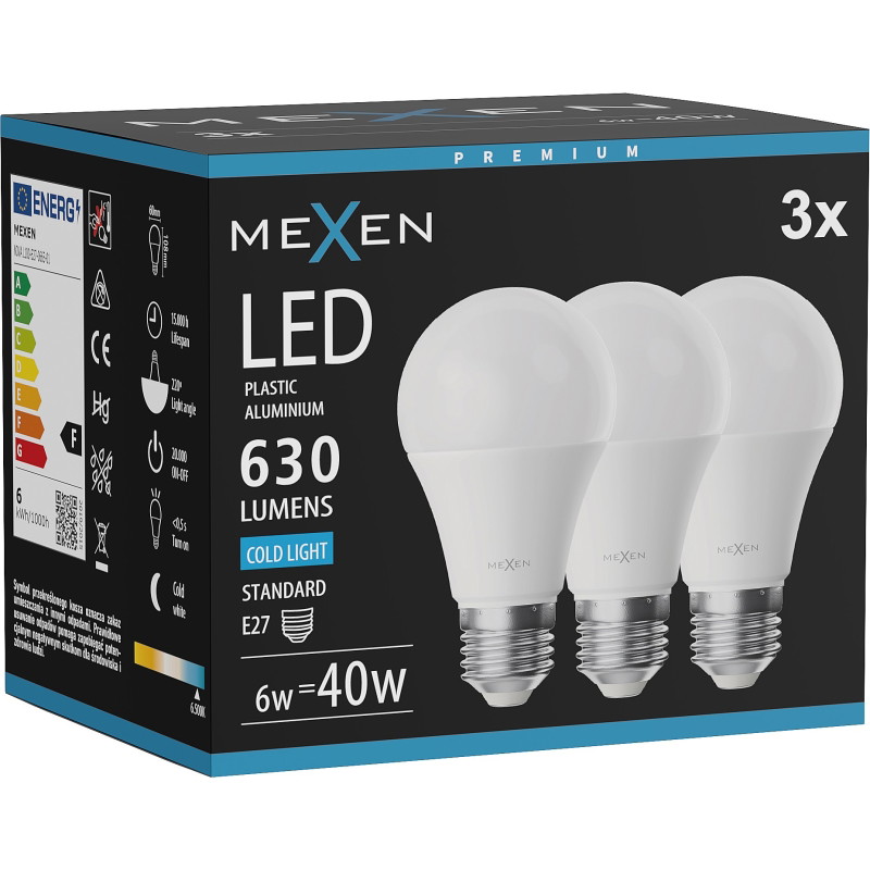 Mexen Nova 3x LED-glödlampa E27, A60, 6W, Kall - 6500K, 630 lm - L100-E27-0665-01x03
