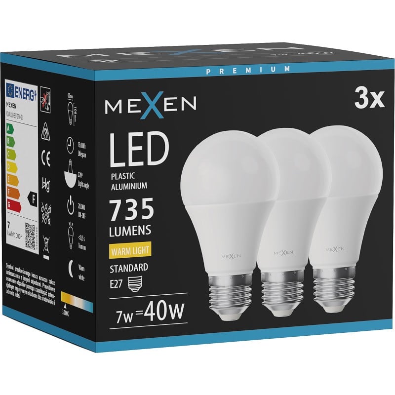 Mexen Nova 3x Ampoule LED E27, A60, 7W, Chaude - 3000K, 735 lm - L100-E27-0730-01x03