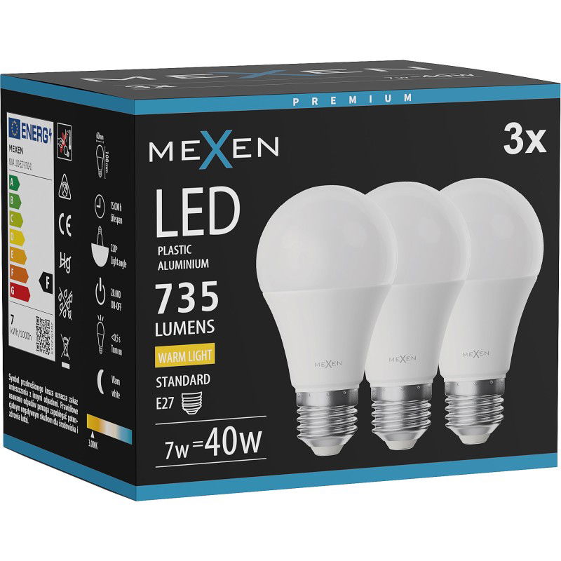 Mexen Nova 3x Λαμπτήρας LED E27, A60, 7W, Θερμό - 3000K, 735 lm - L100-E27-0730-01x03