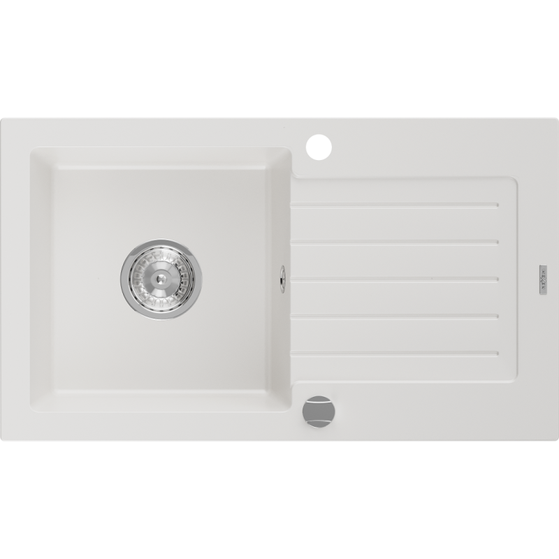 Mexen Pablo lava-louça de granito de uma cuba com escorredor 752 x 436 mm, branco, sifão cromado - 6510751010-20