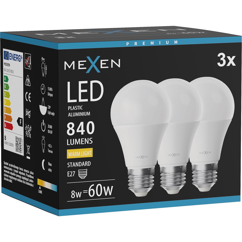 Mexen Nova 3x Bombilla LED E27, A60, 8W, Cálida - 3000K, 840 lm - L100-E27-0830-01x03