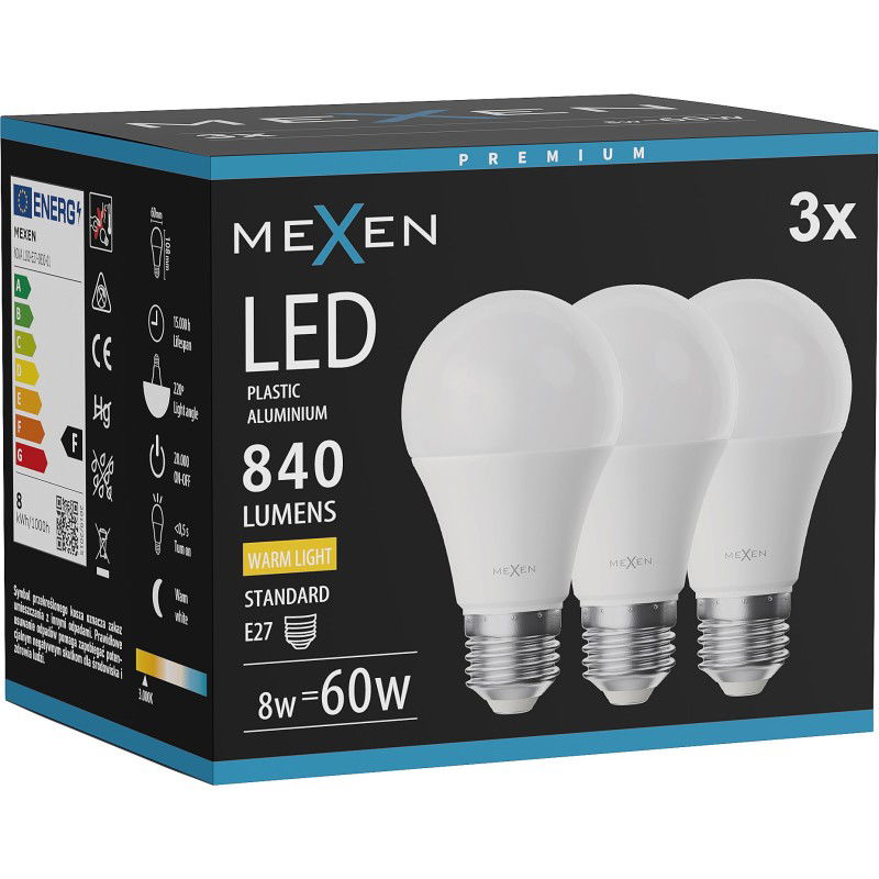 Mexen Nova 3x LED-Liicht E27, A60, 8W, Warm - 3000K, 840 lm - L100-E27-0830-01x03