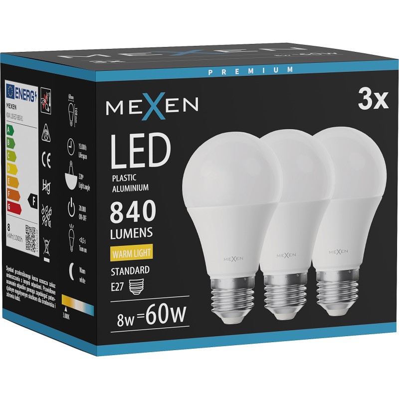 Mexen Nova 3x żarówka LED E27, A60, 8W, Ciepła - 3000K, 840 lm - L100-E27-0830-01x03