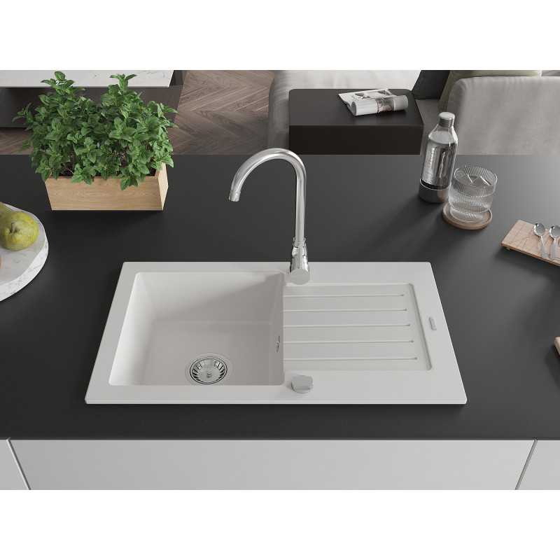 Mexen Pablo granit gootsteen 1-kamer met afdruiprek 752 x 436 mm, wit, sifon chroom - 6510751010-20