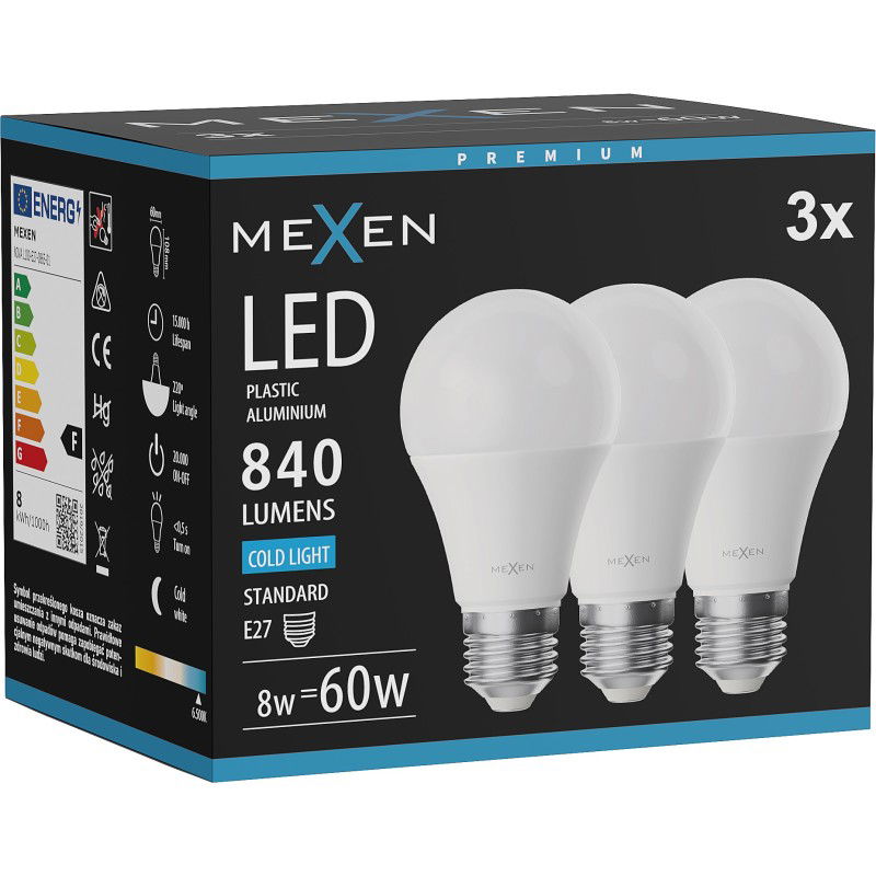 Mexen Nova 3x LED Luucht E27, A60, 8W, Kaal - 6500K, 840 lm - L100-E27-0865-01x03