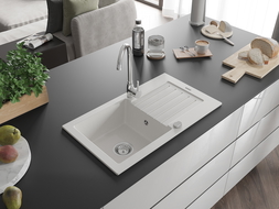 Mexen Pablo Granit-Spullsteen 1-komoresch mat Ofloss 752 x 436 mm, wäiss, Chrom Siphon - 6510751010-20