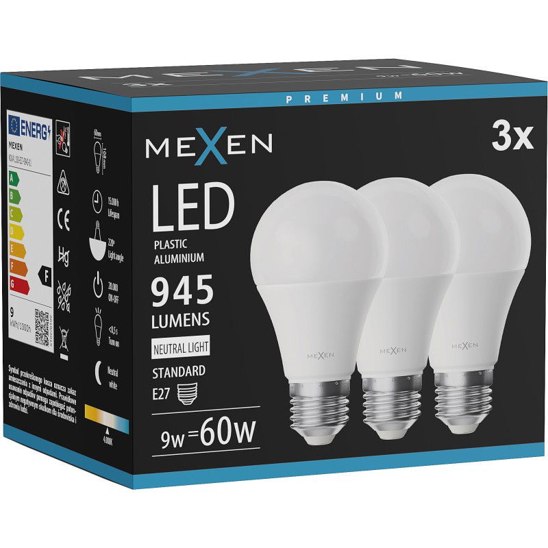Mexen Nova 3x LED spuldze E27, A60, 9W, Neitrāla - 4000K, 945 lm - L100-E27-0940-01x03