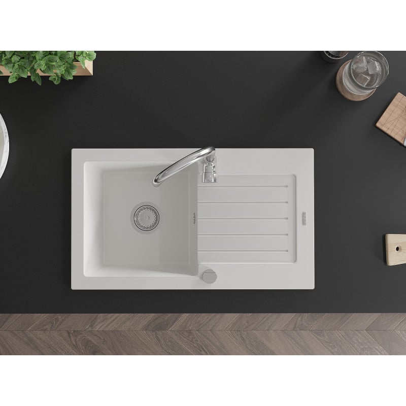 Mexen Pablo fregadero de granito de 1 seno con escurridor 752 x 436 mm, blanco, sifón cromado - 6510751010-20