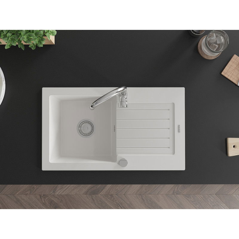 Mexen Pablo lavello in granito a 1 vasca con scolapiatti 752 x 436 mm, bianco, sifone cromato - 6510751010-20