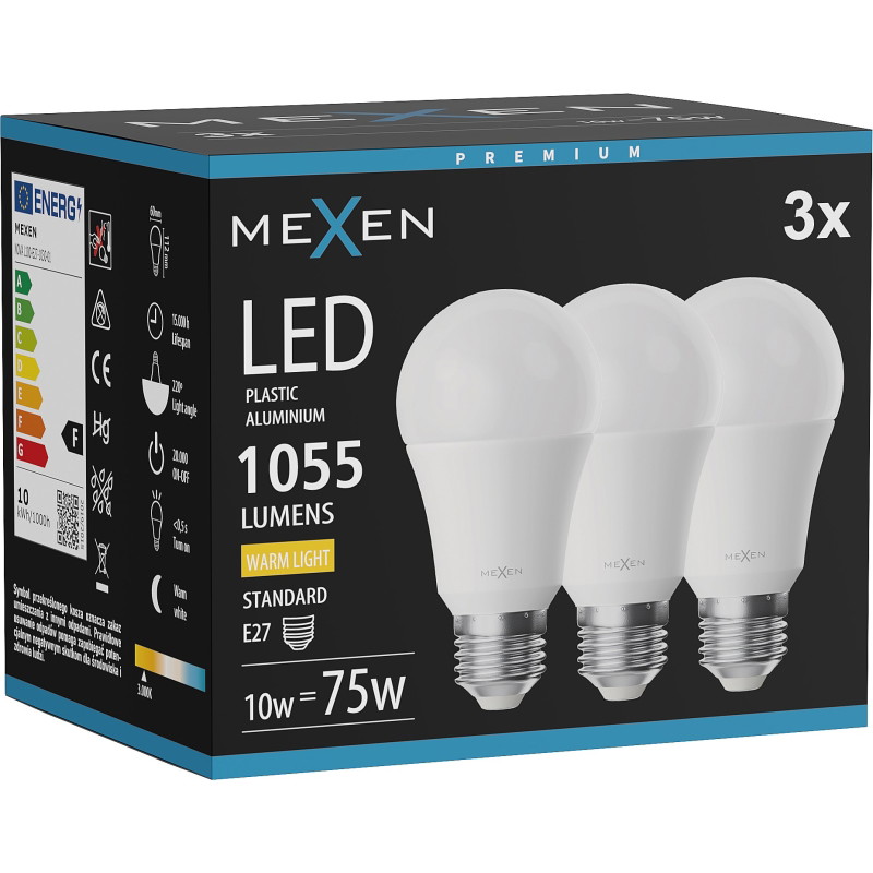 Mexen Nova 3x LED-lampa E27, A60, 10W, Varm - 3000K, 1055 lm - L100-E27-1030-01x03